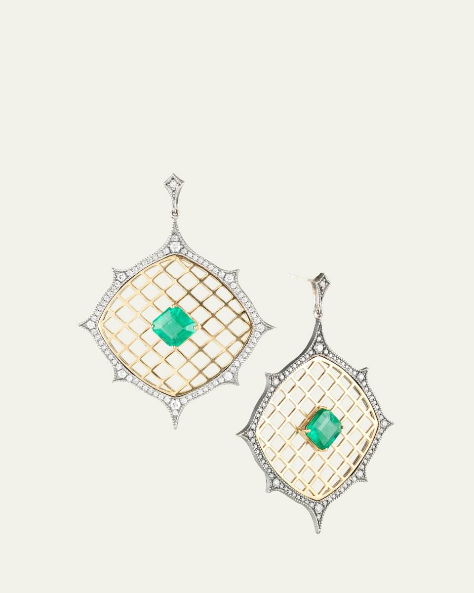 18K Yellow Gold and Oxidized Silver Emerald Lattice Earrings with Diamonds